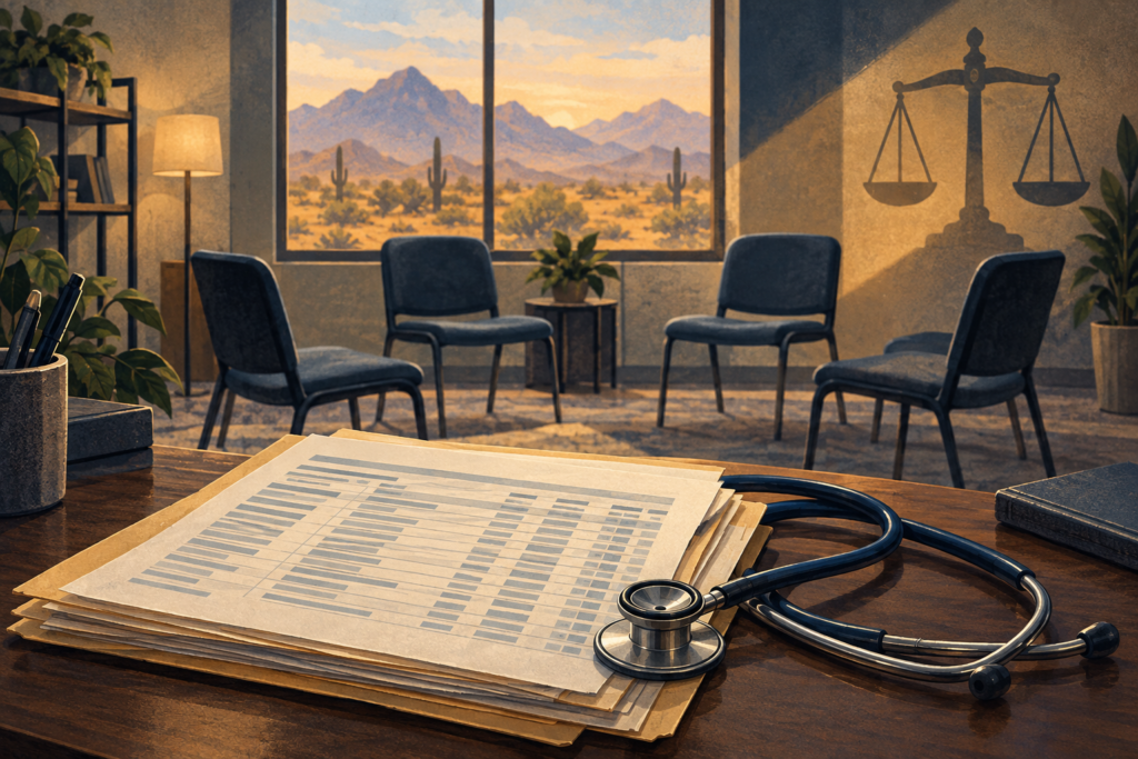 Editorial illustration of medical billing records and a stethoscope beside empty addiction-treatment chairs, with Arizona mountains and scales of justice.
