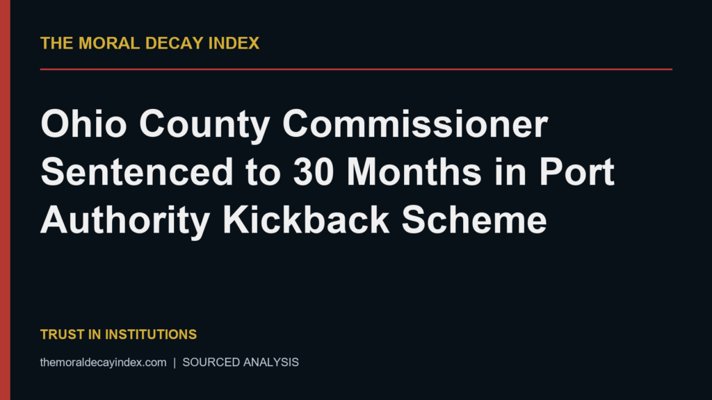 Moral Decay Index editorial title card: Ohio County Commissioner Sentenced to 30 Months in Port Authority Kickback Scheme