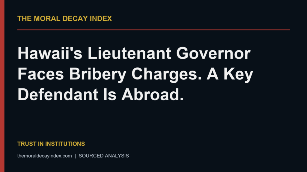 Moral Decay Index editorial title card: Hawaii's Lieutenant Governor Faces Bribery Charges. A Key Defendant Is Abroad.