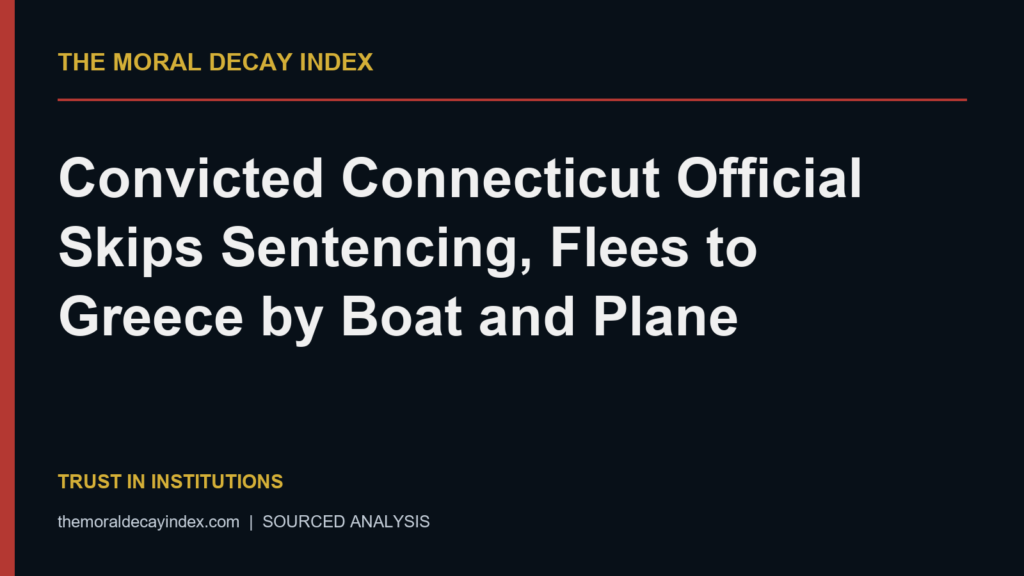 Moral Decay Index editorial title card: Convicted Connecticut Official Skips Sentencing, Flees to Greece by Boat and Plane