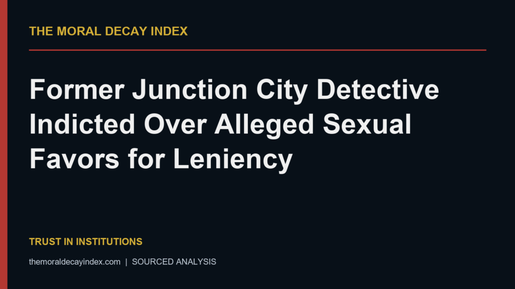 Moral Decay Index editorial title card: Former Junction City Detective Indicted Over Alleged Sexual Favors for Leniency