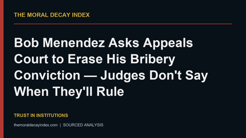Moral Decay Index editorial title card: Bob Menendez Asks Appeals Court to Erase His Bribery Conviction — Judges Don't Say When They'll Rule
