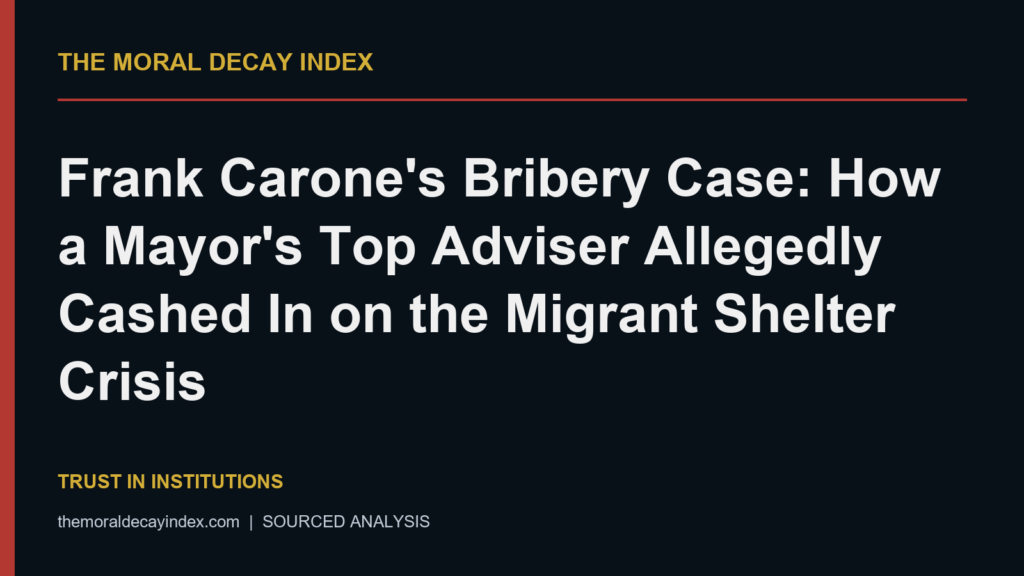 Moral Decay Index editorial title card: Frank Carone's Bribery Case: How a Mayor's Top Adviser Allegedly Cashed In on the Migrant Shelter Crisis