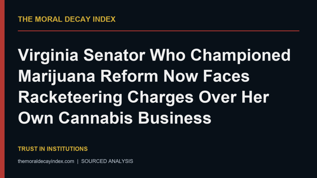 Moral Decay Index editorial title card: Virginia Senator Who Championed Marijuana Reform Now Faces Racketeering Charges Over Her Own Cannabis Business